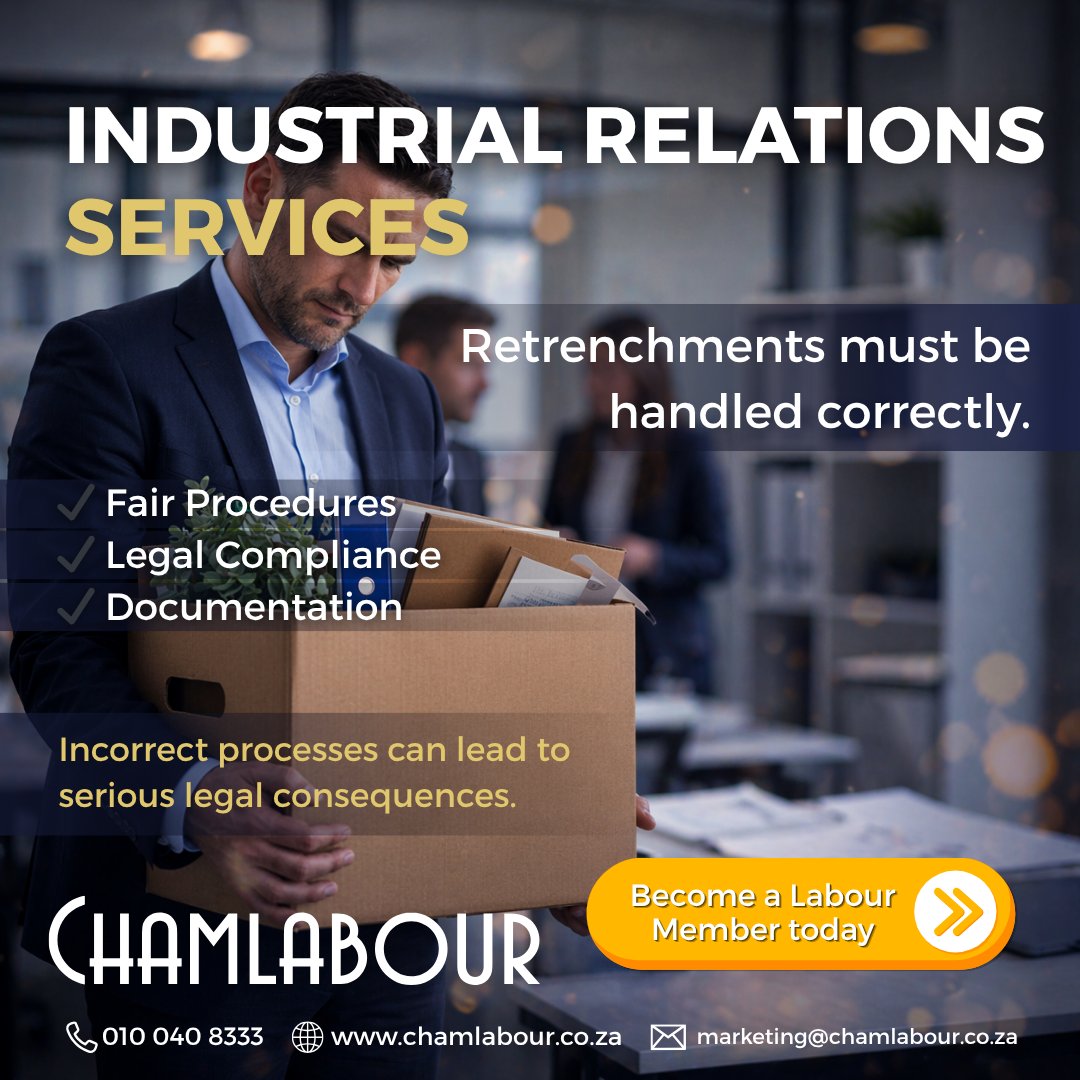 chamlabour1's tweet photo. Retrenchments are sensitive — and highly regulated.

Handled incorrectly, they can lead to serious legal consequences.

📞 Call us today: 010 040 8333
🔗 Visit us: https://t.co/Jl1BHBBaU2

#Retrenchment #IndustrialRelations #chamlabour https://t.co/Kn9w4o06Ve