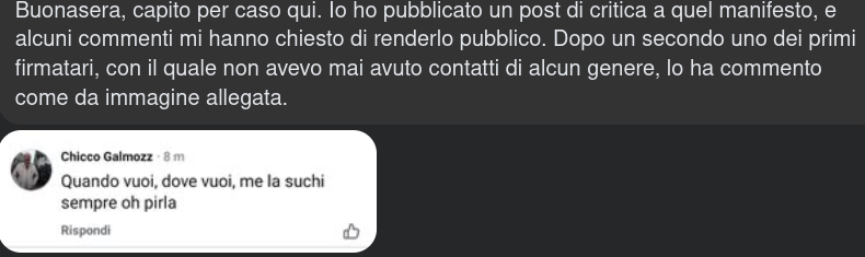 stafe76's tweet photo. @aa4323801448919 @carmelopalma @ilriformista @leuropeista Guarda invece le pacate reazioni degli estensori del "manifesto", che alta prova di apertura mentale.
[trad: one of the signants answered "suck my dick" to sb who criticized the "manifesto"] https://t.co/UZiW7dWk46