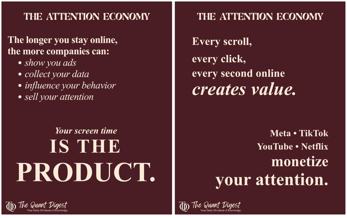 TheQuantDigest's tweet photo. Your attention is the most valuable asset in today’s economy.
Every scroll, click, and second online creates value. Platforms they monetize attention.

The future belongs to businesses that can capture and keep it.

#AttentionEconomy #Business #Marketing #DigitalEconomy #finance https://t.co/nrqgm47xMI