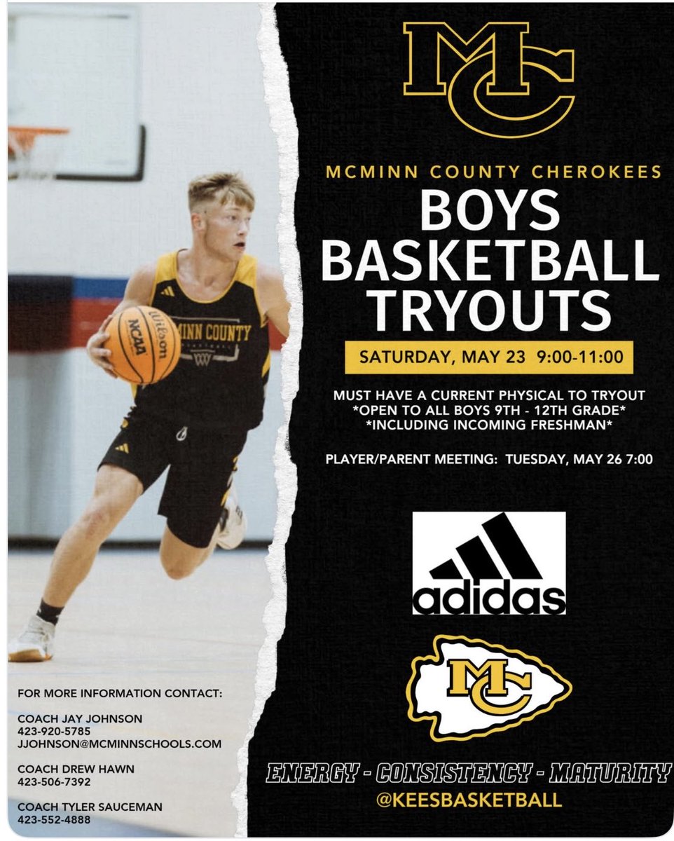 keesbasketball's tweet photo. REMINDER:  Boys Basketball Tryouts are this coming Saturday 9:00-11:00 💛 🖤 
@JBoggsMulti @drewcookwrites @DPAGabeGarcia @Mr_Wright2015 
@McMinnCherokees @keesbasketball 
@CoachJayy92 @tsauceman2 @qversa https://t.co/VabIVkaJvS