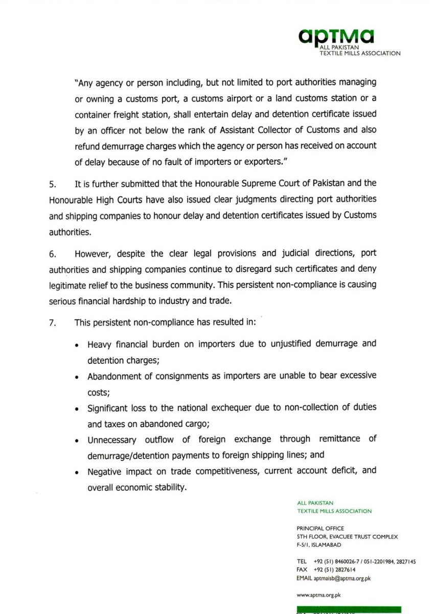 APTMAofficial's tweet photo. APTMA has formally urged the Prime Minister to immediately intervene in the non-implementation of delay & detention relief under Section 14A(2) of the Customs Act, 1969.

Despite clear legal provisions and repeated court directions, importers and exporters continue facing heavy demurrage & detention charges for delays beyond their control.

APTMA has warned that this persistent non-compliance is causing:

• Severe financial losses to trade & industry
• Abandonment of consignments due to excessive costs
• Loss of government revenue on stranded cargo
• Unnecessary foreign exchange outflows to foreign shipping lines
• Reduced trade competitiveness and pressure on economic stability

APTMA has requested strict enforcement of the law, mandatory compliance by port authorities & shipping lines, and a monitoring mechanism to ensure timely resolution of such cases.

Trade facilitation requires implementation — not just legislation.

#APTMA #PakistanExports #EaseOfDoingBusiness #TradeFacilitation #PakistanTextiles