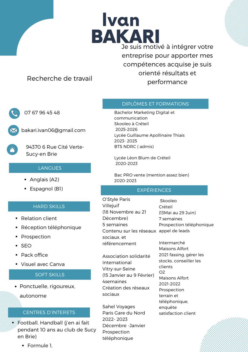 oummahconnexion's tweet photo. 🚨 UN FRÈRE RECHERCHE UN EMPLOI 📣

As Salam aleykoum,

Je suis actuellement à la recherche d’un travail Halal peut importe le domaine ou je pourrais effectuer mes salat à l’heure et le jumua je n’ai pas le permis de conduire je suis titulaire d’un BTS NDRC et bientôt du Bachelor Marketing Digital inchâ’allâh j’ai fait des stages qui m’ont permis d’avoir des compétences en prospection et prospection digital et dans le commercial et également dans le domaine des réseaux sociaux la création de contenu et la création de visuelle .

Je peux commencer dès maintenant je cherche un contrat en CDI ce serait l’idéal après le CDD ne me dérange pas Je recherche une entreprise qui me permettra de faire mes prières à l’heure et le Jumua.

📍île de France 

Voici mes coordonnées pour me contacter:  Mail; bakari.ivan06@gmail.com et mon numéro et 07 67 96 45 48.

_____________________

✅ Rejoignez dès maintenant notre chaîne WhatsApp pour ne rien manquer ou contacter nous pour partager vos propres annonces : 
https://t.co/It0J7runrU