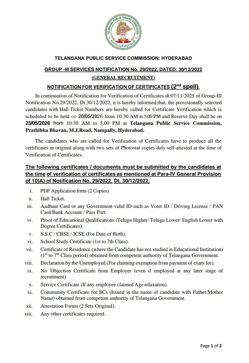 Tgpsc2024's tweet photo. In continuation of Notification for Verification of Certificates dt:07/11/2025 of Group-III Notification No.29/2022, it is hereby informed that, the selected candidates with HT Numbers are hereby called for CV which is scheduled to be held on 20/05/2026 from 10:30 AM to 5.00 PM https://t.co/pzXKUVy71H