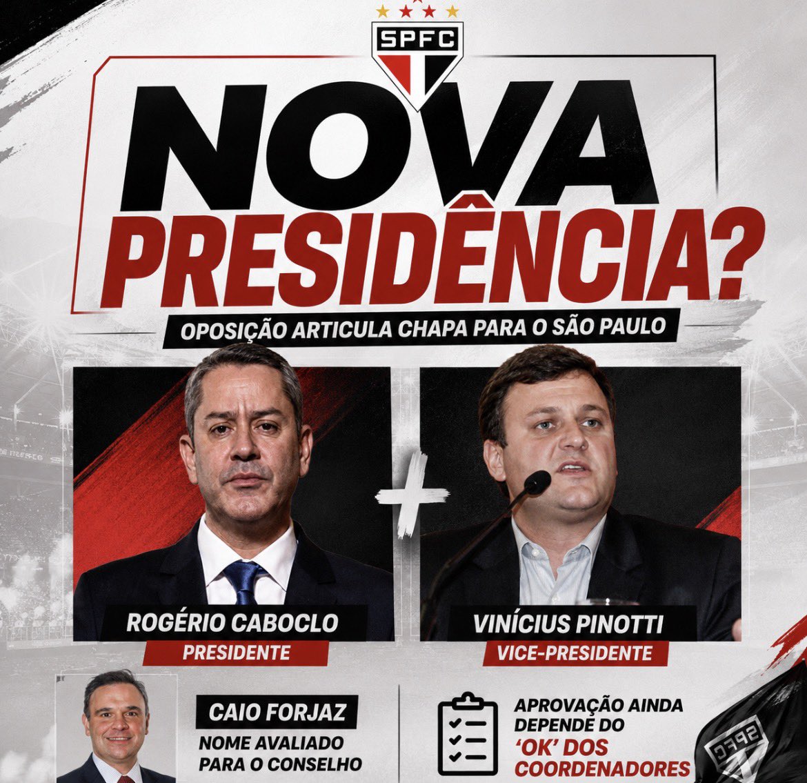 2005Tricolor's tweet photo. 🚨 Movimentação política nos bastidores! Oposição do São Paulo articula chapa com Rogério Caboclo presidente e Vinícius Pinotti vice. A definição final ainda depende do aval dos coordenadores. 

🗞️ @valentinfurlan_ https://t.co/j6yFjOAPyB