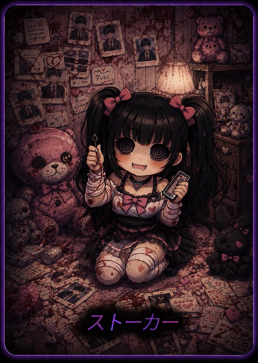 sametable215's tweet photo. ゲムマ新作『お前の話は怖くない』
キャラカード紹介「ストーカー」

ターゲットの写真を壁一面に貼り、赤い糸で完璧な未来を紡ぐ狂気の少女
血の凍るような執着怪談から逃れる方法はただ一つ

ふざけた噂を差し込んで彼女をお間抜けキャラに引きずり下ろすこと！！

#ゲムマ2026春
#ボードゲーム https://t.co/2wP0aqMFBT