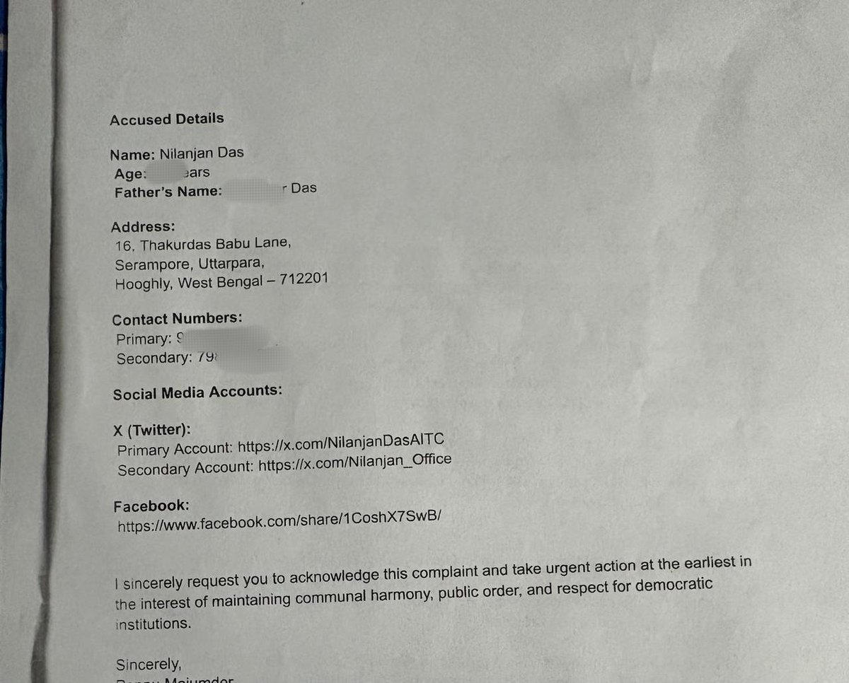 NarendraVictory's tweet photo. 🚨 Urgent | @KolkataPolice

A Zero FIR filed from Assam has already been forwarded to Serampore Police, Hooghly yet no action has been taken against Nilanjan Das, a repeat offender

He has allegedly threatened multiple BJP supporters, victims are being silenced through fake FIRs https://t.co/2U7YNpMzYz