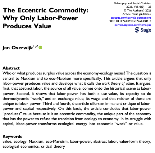 jlowijk's tweet photo. New!🎉

Only labor-power produces economic value, even though, economically, it's just another commodity, and ecologically, it's just another source of energy. What makes it special? Its unique capacity to refuse the transition from ecology to economy.
https://t.co/oxpD8d80Fu https://t.co/YeaGRGI5lD