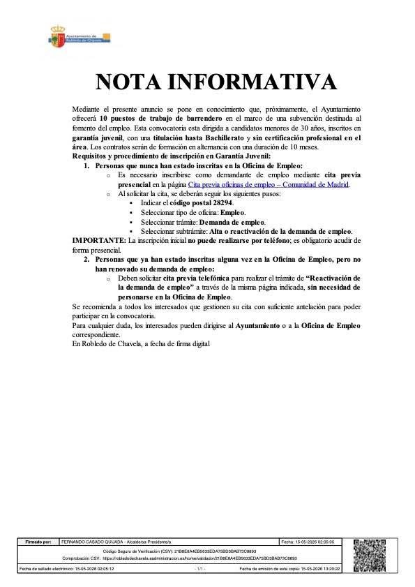 robledodch's tweet photo. ***NOTA INFORMATIVA - OFERTA 10 PUESTOS TRABAJO BARRENDERO*** https://t.co/JMvmrxJS1r