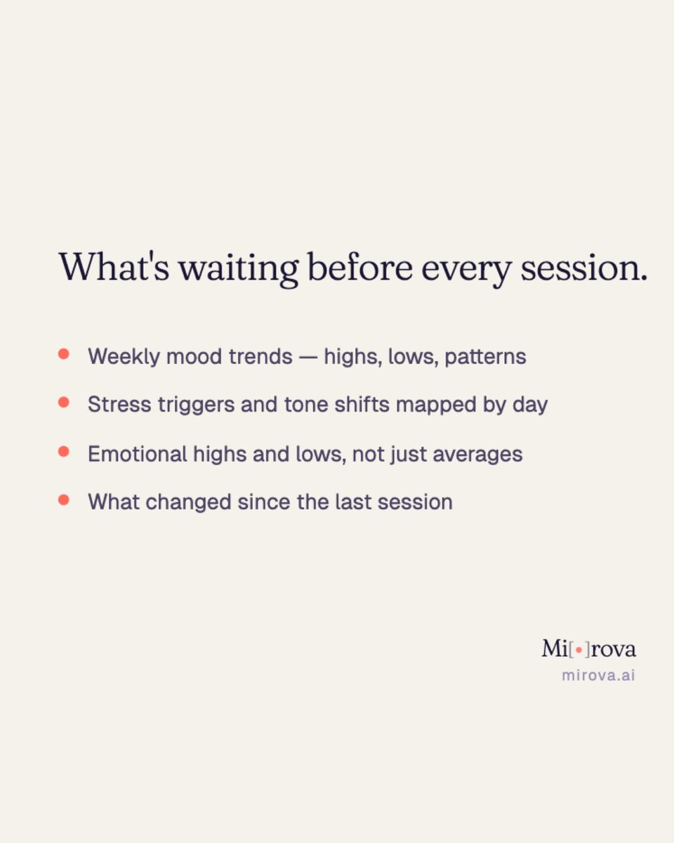 MirovaAi's tweet photo. open the dashboard. see the whole week. walk into the session knowing. that's what Mirova builds for therapists.
book a demo now: https://t.co/lIl9INnpEs
#MentalHealth #TherapyTech #MirovaAI #HealthTech https://t.co/ieBW6OAw4X