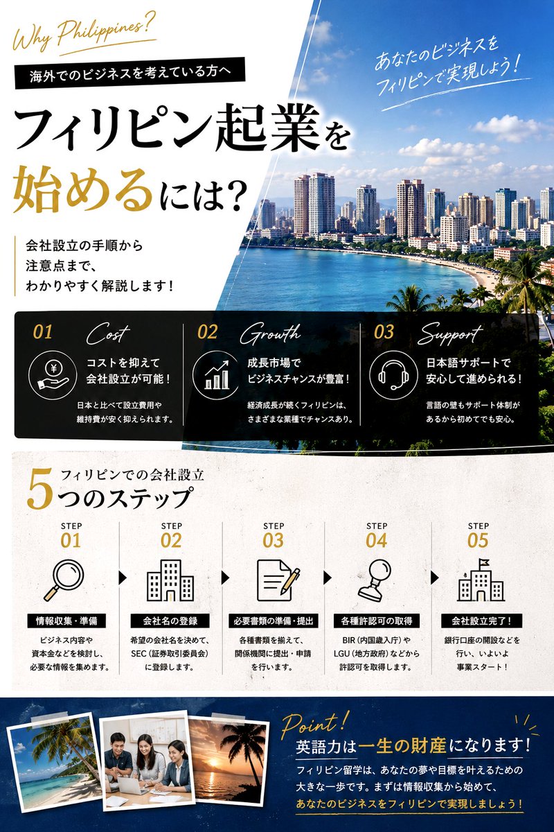 198cmXP's tweet photo. うちの英語学校は
「フィリピン留学の出口」を幾つも用意しています

そのうちの一つが「起業」相談

留学中に現地を視察しながら
起業の相談にも乗っています🌴

留学なしで「オンライン無料相談」だけでも全然OKですが、実際に現地を知る＆英語力UPさせたい場合は

留学＋起業コースもお勧めです🙏 https://t.co/KauDV1lrw5