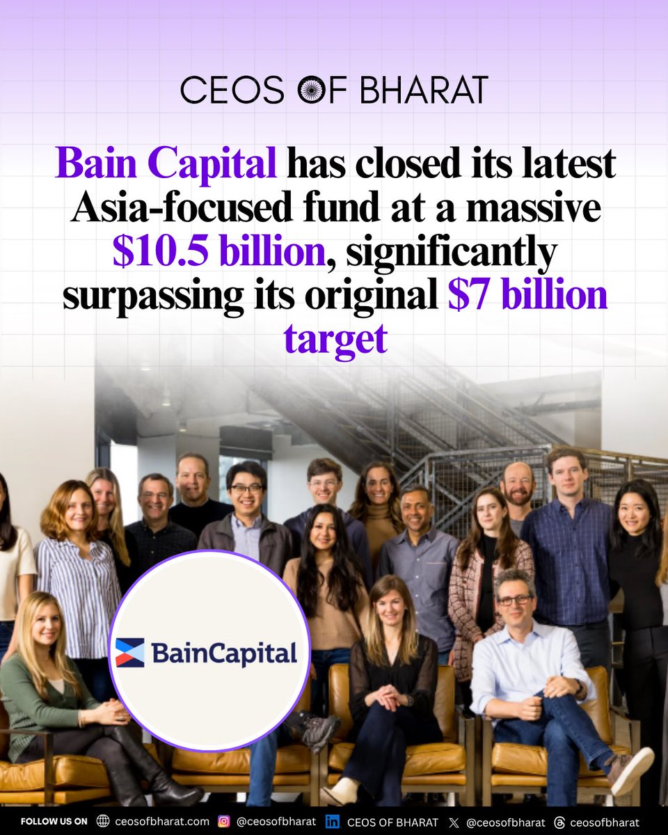 ceosofbharat's tweet photo. Bain Capital has closed its latest Asia-focused fund at a massive $10.5 billion, significantly surpassing its original $7 billion target. The oversubscribed fund highlights growing global investor confidence in Asia’s long-term growth potential despite ongoing economic uncertainties and market volatility.
The capital will be deployed across sectors such as technology, healthcare, financial services, and consumer businesses, with a strong focus on high-growth opportunities in India and other Asian markets. The successful raise also signals continued interest from global private equity firms in Asia’s startup and enterprise ecosystem as companies seek expansion capital and strategic partnerships.
#BainCapital #PrivateEquity #AsiaFund #Investing #Startups