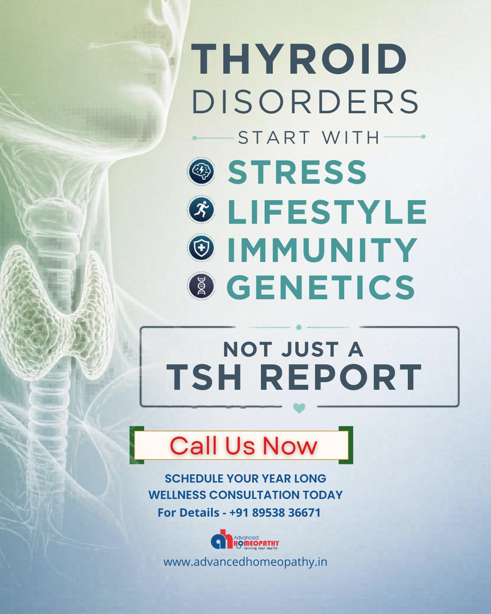 AdvancedHomeo's tweet photo. #thyroid disorders don’t start with a TSH report. They start with stress, lifestyle, immunity, &amp; genetics.

At #AdvancedHomeopathy, we treat the person behind the thyroid condition. Hypothyroidism, hyperthyroidism, each case is different, so each prescription is different. https://t.co/NXRItvV47z