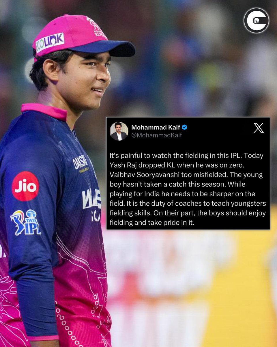 circleofcricket's tweet photo. Mohammad Kaif has expressed his concern about the poor fielding standards in the IPL 2026. He also pointed out Vaibhav Sooryavanshi, who has not been a reliable fielder for Rajasthan Royals.
#IPL2026 #DCvRR #RajasthanRoyals https://t.co/WJFFgMIwsS