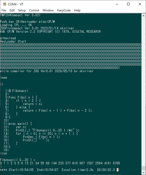 wcinp's tweet photo. 自作のZ80用セルフコンパイラで"for"や"if"等が動くようになり再起呼出しでfibonacci数列を表示してみました
左図がまだ最適化未対応の今回のコンパイラです
環境はNo wait 12.5MHzのZ80です
マクロで時間を計測しています
右図はGAME言語で再起呼出しするソースをコンパイル後起動した結果です
#picle https://t.co/kunoZPQ25D