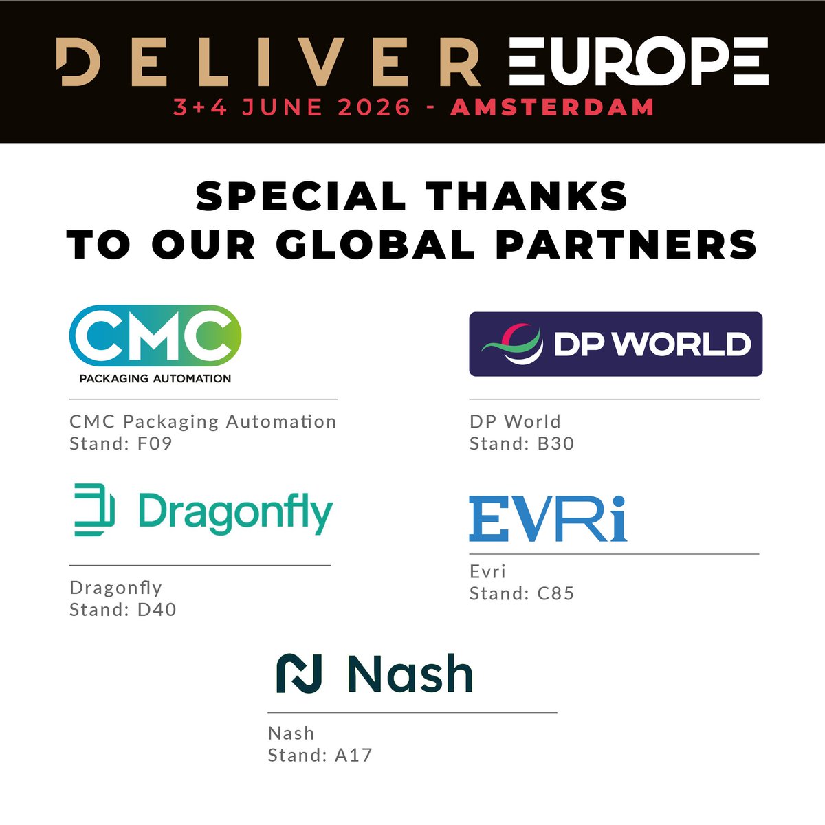 DeliverEvents's tweet photo. We’re proud to recognise and give a huge thank you to our global partners supporting DELIVER in 2026 🌍

Thank you for your continued support!

#DELIVEREurope #GlobalPartners #RetailInnovation #SupplyChain #Ecommerce #Logistics https://t.co/iFuwMUExeg