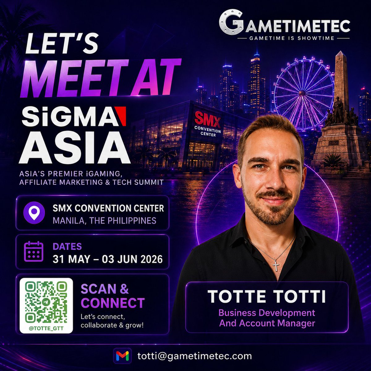 GameTimeTecGTT's tweet photo. We’re excited to be part of SiGMA Asia 2026! 🎮✨
Looking forward to explore new opportunities, partnerships, and innovations driving the industry forward.
📍 SMX Convention Center, Manila, Philippines
📅 May 31 – June 03, 2026
✨ Scan the QR code to connect
#SIGMA #Manila #viral https://t.co/kAGGk6sfPz