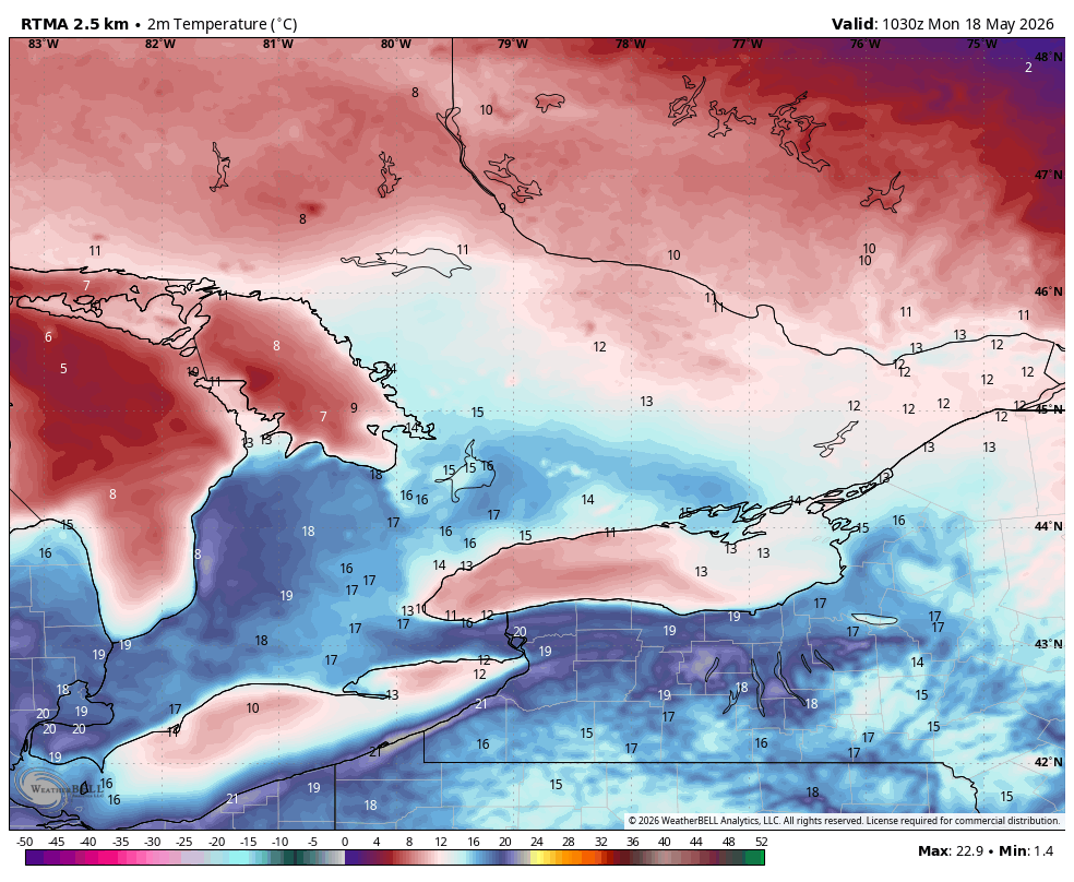 WxOntario1's tweet photo. Very warm start to the day across SW #Ontario and the #GTA

Temps range from the mid teens to near 20C, cooler across Eastern Ont with lingering showers

Stellar afternoon on tap with widespread temps in the upper 20s/ near 30C, humidex values in the mid 30s

Line of storms looks to move through SW Ont mid/ late evening but will fizzle out as it heads east

#OnWX #ONStorm