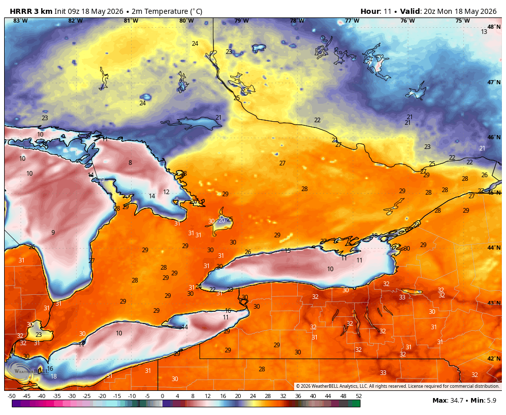 WxOntario1's tweet photo. Very warm start to the day across SW #Ontario and the #GTA

Temps range from the mid teens to near 20C, cooler across Eastern Ont with lingering showers

Stellar afternoon on tap with widespread temps in the upper 20s/ near 30C, humidex values in the mid 30s

Line of storms looks to move through SW Ont mid/ late evening but will fizzle out as it heads east

#OnWX #ONStorm