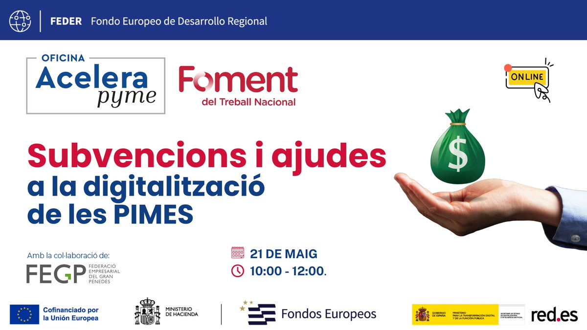 FegpComunicacio's tweet photo. En aquesta ponència parlarem de les principals subvencions i ajuts disponibles per a empreses, professionals i persones emprenedores que volen avançar en la seva transformació digital.

Inscriu-t’hi a https://t.co/BdaqTFbUx0 https://t.co/kaBa0LPbpk