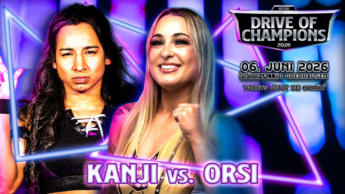 wXwGermany's tweet photo. Diese 4 Matches sind bisher für #wXwDoC angekündigt:

- wXw European Championship: Zoltan (c) vs. @Kurothekidd 
- @ahurasexy & @jun0917start vs. Cowboy Way (@1called_manders & @NotThatShire)
- Jane Nero vs. @DaniLuna_pro 
- @KanjiDuku vs. @Orsi_wrestling 

Sichert euch jetzt eure Tickets bei Eventim!
Reihen 1-3 und die Kategorie Stehplatz Balkon sind ausverkauft. Es gibt nur noch wenige VIP Tickets.

wXw Drive of Champions 2026
📅 Samstag, 6. Juni
📍 Turbinenhalle 1, Oberhausen
🎟️ Tickets und Info unter https://t.co/Jn5uBV42fj