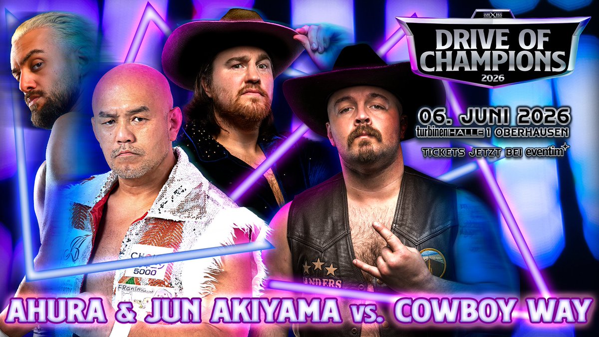 wXwGermany's tweet photo. Diese 4 Matches sind bisher für #wXwDoC angekündigt:

- wXw European Championship: Zoltan (c) vs. @Kurothekidd 
- @ahurasexy & @jun0917start vs. Cowboy Way (@1called_manders & @NotThatShire)
- Jane Nero vs. @DaniLuna_pro 
- @KanjiDuku vs. @Orsi_wrestling 

Sichert euch jetzt eure Tickets bei Eventim!
Reihen 1-3 und die Kategorie Stehplatz Balkon sind ausverkauft. Es gibt nur noch wenige VIP Tickets.

wXw Drive of Champions 2026
📅 Samstag, 6. Juni
📍 Turbinenhalle 1, Oberhausen
🎟️ Tickets und Info unter https://t.co/Jn5uBV42fj
