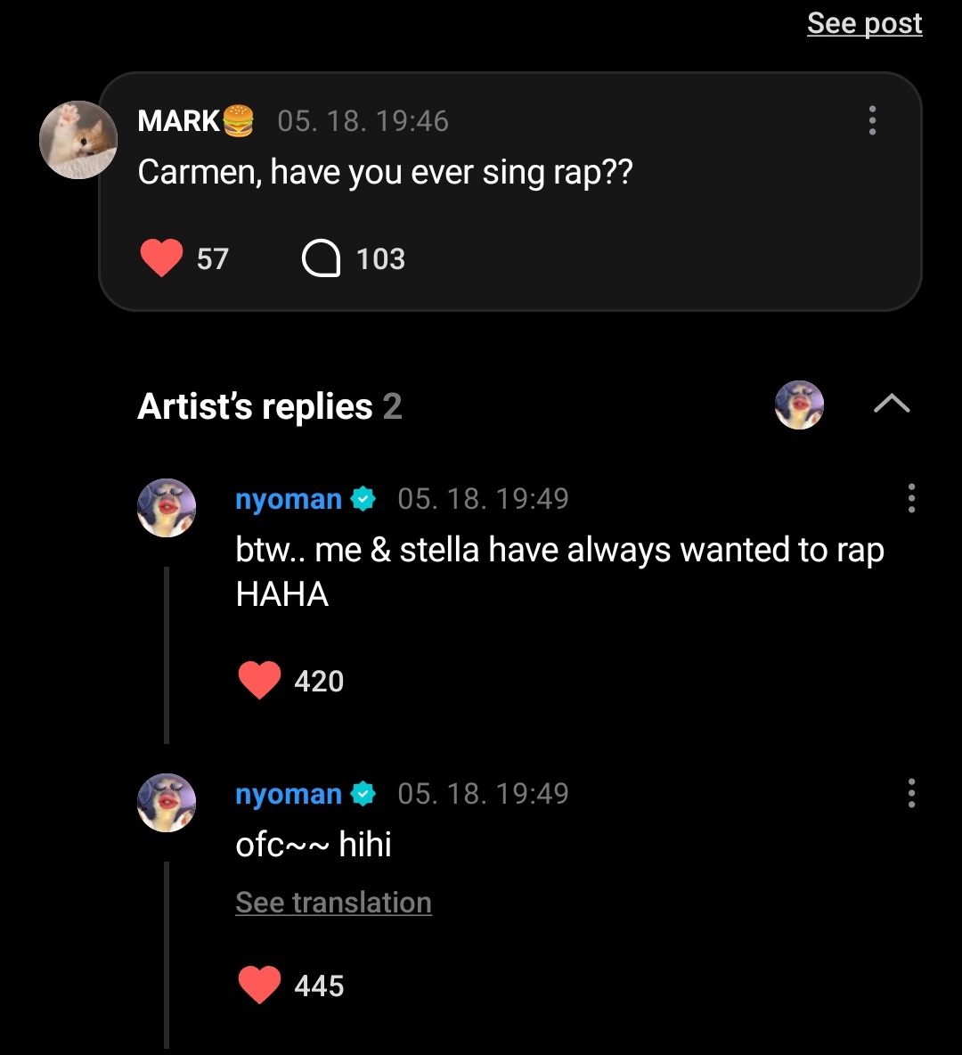 H2HCARMEN_INA's tweet photo. #CARMEN mode rapper soon. 👀😌

👤: Carmen, kamu pernah nyanyi rap gak??
🌴: ya pastilah~~ hihi
🌴: btw.. aku &amp; stella emang selalu pengen ngerap HAHA

#Hearts2Hearts #카르멘 @Hearts2Hearts https://t.co/2hmw7W6SWI