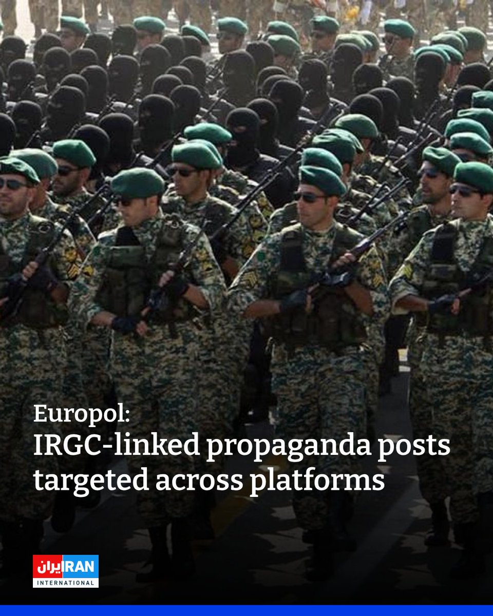 IranIntl_En's tweet photo. Europol said on Monday that 14,200 posts and links tied to Iran’s Islamic Revolutionary Guards (IRGC) had been targeted in a coordinated operation against online terrorist material.

The operation, led by Europol’s EU Internet Referral Unit, involved 19 countries and focused on content used to spread propaganda, recruit supporters and raise funds.

The material, Europol said, appeared across social media, streaming services, blogs and websites in several languages, including Persian, English, Arabic, French and Spanish.

The content, it said, included AI-generated videos glorifying the IRGC, political messaging, calls for revenge over Iran's Supreme Leader Ali Khamenei and material linked to allied groups including Hezbollah, Houthis, Hamas and Palestinian Islamic Jihad.
https://t.co/qjXFKXGkJ8