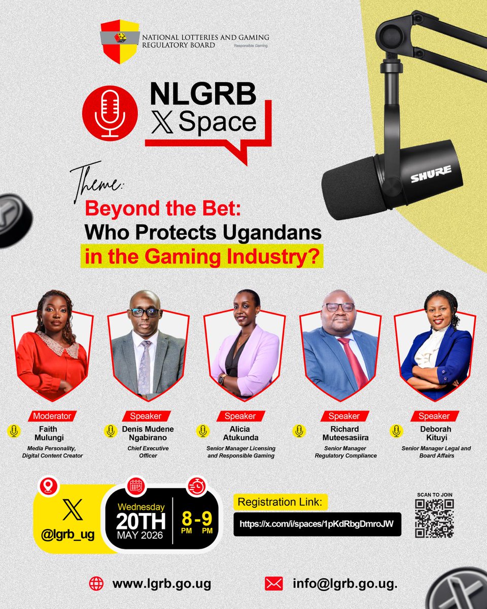 beewol's tweet photo. You've probably heard that the National Lotteries & Gaming Regulatory Board (@lgrb_uganda) projects that over UGX 14.1 Trillion will be staked through gambling and sports betting in 2025/26. 

Those are some big figures! 

It begs the question that if Ugandans are staking this much money, who is protecting them in the Gaming Industry? And more importantly, what exactly is the mandate of the Board? Who are they? What do they do? 

This Wednesday, 20th May 2026, the Board will hold an X Space to answer these and other questions about the Gaming Industry in Uganda.

Tune in! Set a reminder here >> https://t.co/WIkKY5DFB2 

#NLGRB 
#NLGRBXSpace 
#ResponsibleGamingUg