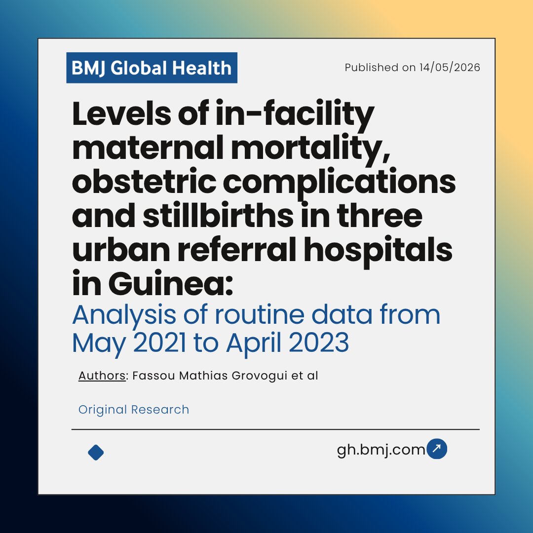 GlobalHealthBMJ's tweet photo. This study provides a comparative analysis of institutional maternal mortality, obstetric complications and stillbirths using routine data from three urban referral hospitals representing district, regional and national levels in Guinea.
Link: https://t.co/rBALBrCjiz
#maternal https://t.co/MkxEXiLhY6