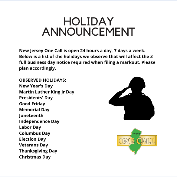 NJOneCall's tweet photo. #MemorialDay (May 25) will not count towards your standard notice required when filing a #markout, so please plan accordingly. https://t.co/WSjOMQG9rl
