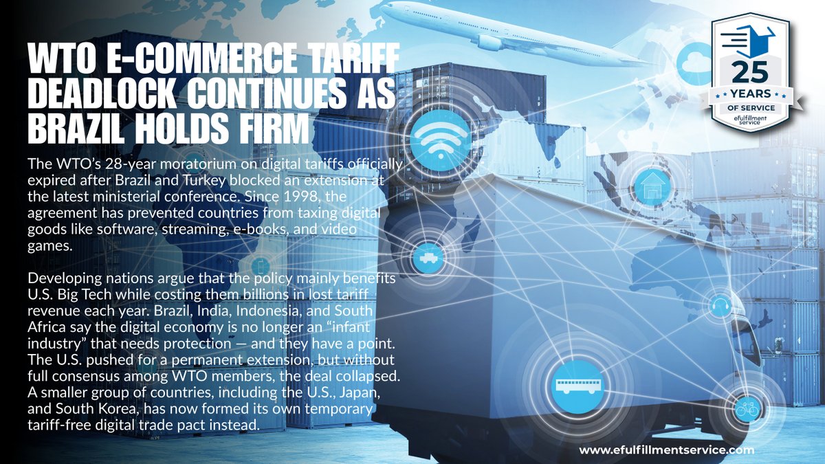 eFulfillService's tweet photo. 🌎 WTO at a standstill due to Brazil holding strong.

👉 By; ShopiFreaks

#Ecommerce #SmallBusiness #3PL #FulfillmentServices #CustomerLoyalty #FulfillmentSuccess #BusinessGrowth #InventoryManagement #OrderProcessing #WarehouseManagement  #eCommerceGrowth #OnlineSales #tariffs https://t.co/JYHotrxyEH