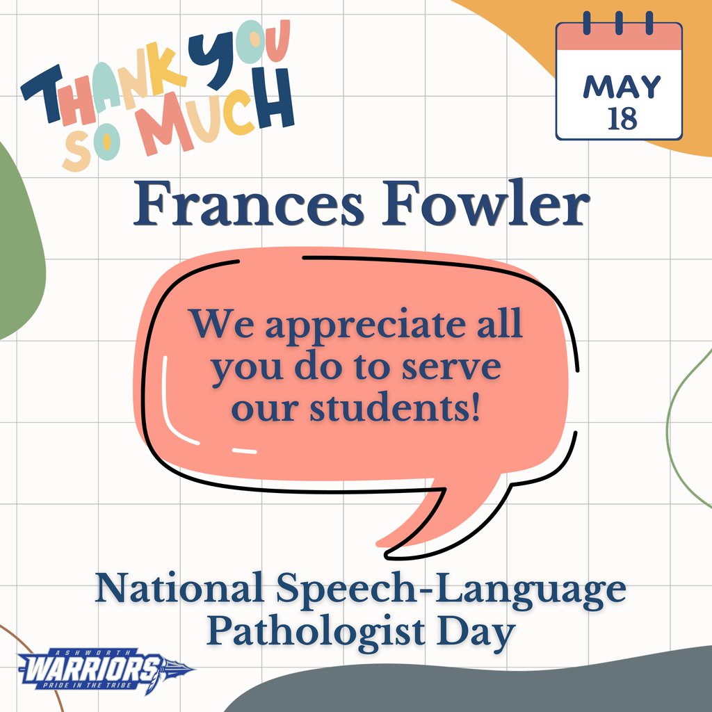 Ashworth_Middle's tweet photo. 🎉 Today is National Speech-Language Pathologist Day, and we appreciate Ms. Frances Fowler and all she does to serve our students!  💙 https://t.co/hzrK8t5b5u