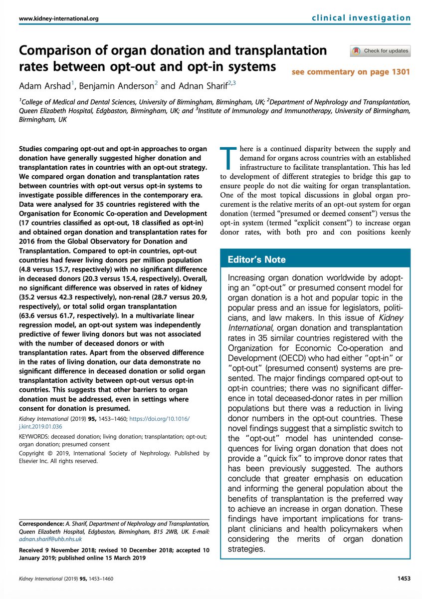 ole_b_peters's tweet photo. I'm always on the lookout for great success stories of behavioral nudges.
Organ donation is a favorite of the field: presume consent, and you'll have more registered organ donors.

Ok, but this paper here asks if that leads to more actually donated organs. Answer: not at all. https://t.co/76tGR1RcNQ