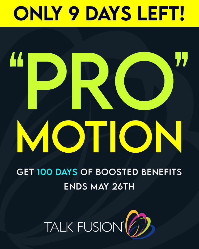 TalkFusion's tweet photo. 🚨 LAST CHANCE to Unlock 100 Days of BOOSTED Benefits! 🚨

We’re officially in the FINAL WEEK of our successful “PRO-Motion” ⏳🔥

Are YOU going to be the only Promoter who hasn’t qualified for 100 Days of BOOSTED Benefits? 😱

We certainly hope not 🙌💙

Because here’s what you’ll be missing for 100 DAYS:
✨ $35 Cycle Pay
✨ 20% Matching Bonus (1st Generation)
✨ 20% Matching Bonus (2nd Generation)

PLUS — Get PAID EVERY MINUTE 💸⏱️

Here's how to activate your 100 Days of Boosted Benefits:

👉 Purchase or upgrade to a PRO Pack before May 26, 2026 📦🔥

If you already have a PRO Pack…
✔️ Personally sponsor 1 new sale 🤝
OR
✔️ Help 1 personally sponsored Promoter upgrade 🚀

⛔ DON’T WAIT any longer—check in with your teams and make sure they’ve qualified. 

Let’s keep dreaming BIGGER and changing lives together 🌍💙