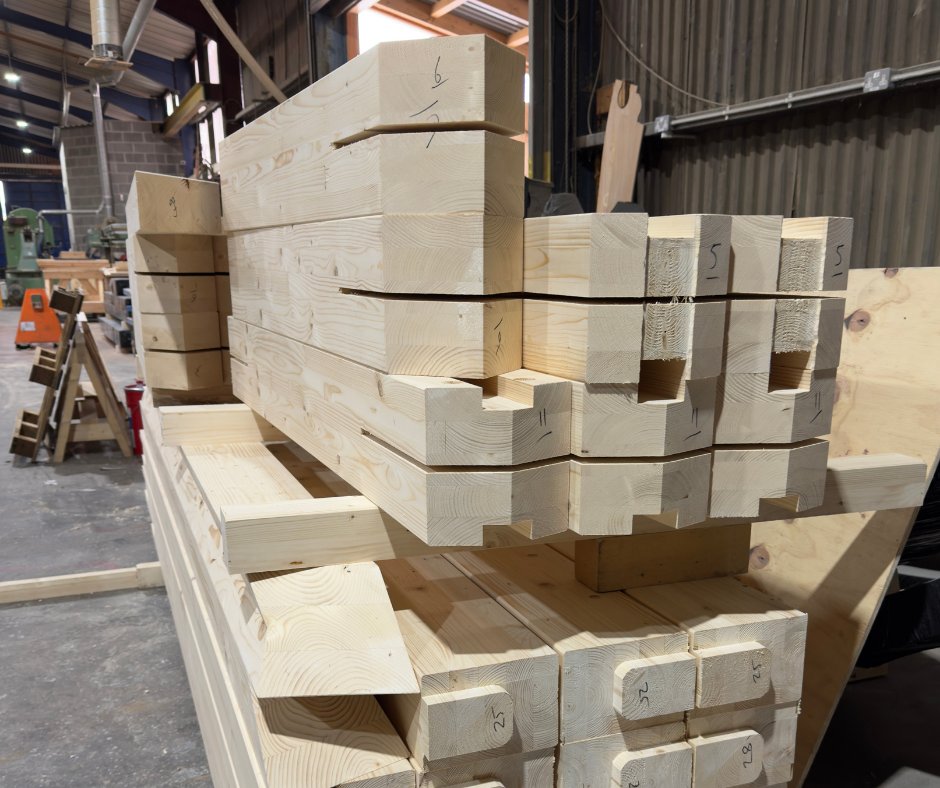 BucklandTimber's tweet photo. A few #workshop details from a residential #timber project for a bespoke home &amp; garden design company. Some nice machining and #joinery details  - from shaped boarding and timber connections through to the roof truss. Always good to see the elements laid out before installation.. https://t.co/AGRfMcewSG