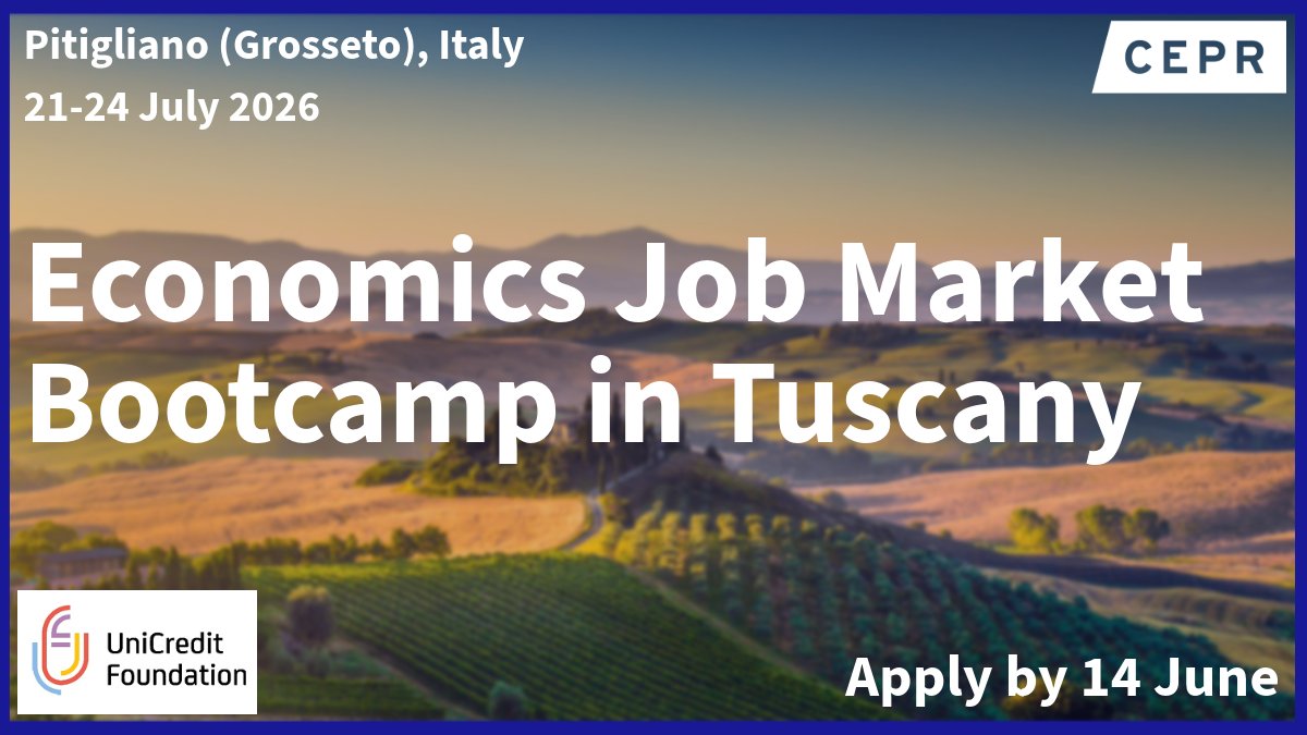 cepr_org's tweet photo. Apply now for the 7th edition of the Economics Job Market Bootcamp in Tuscany. Open to final-year #PhD students in #economics who will enter the academic job market in Fall 2026.
Organised by Tommaso Sonno @Unibo and supported by the UniCredit Foundation.
https://t.co/g2zDFJiD4d https://t.co/vt3dlzOu58