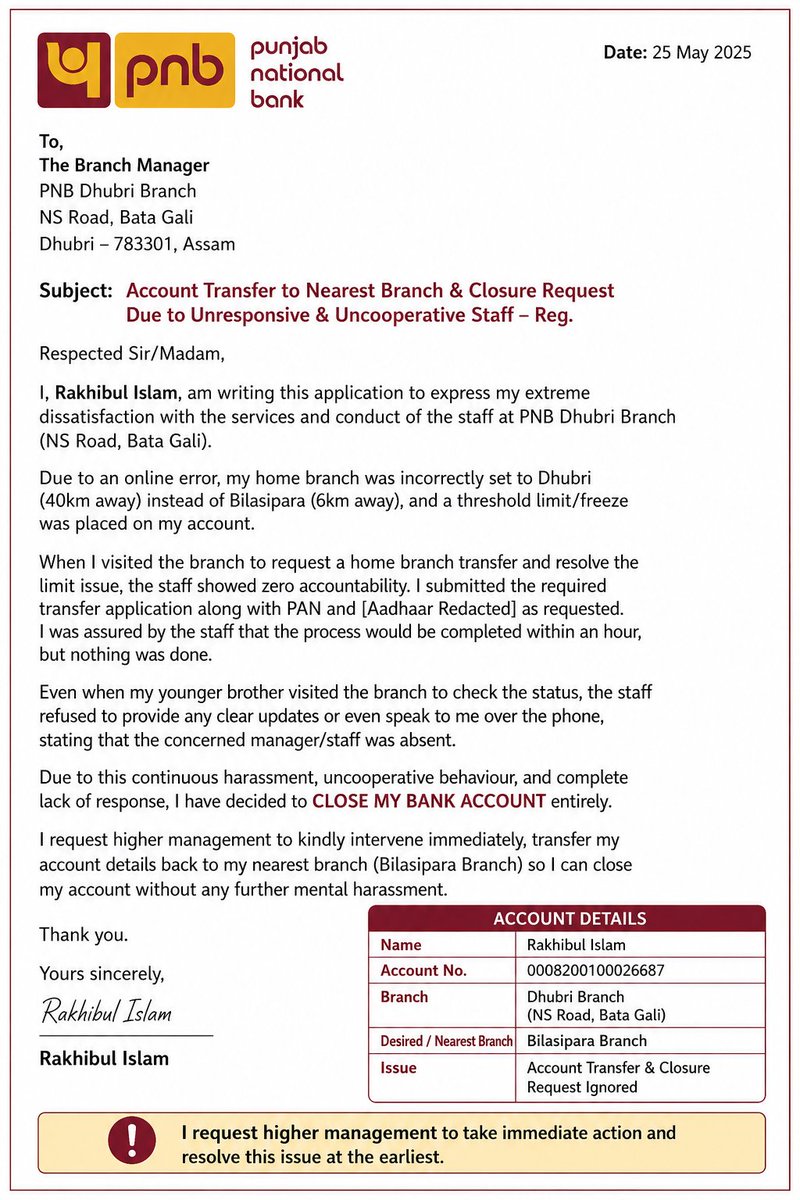 rakhib09's tweet photo. False promises, no updates, uncooperative behaviour, and complete harassment forced me to decide to close my account entirely.
Requesting higher authorities of @pnbindia to intervene immediately and resolve this issue.
#PNB #PunjabNationalBank  #BankingIssue #CustomerService https://t.co/EyvT0JIADT