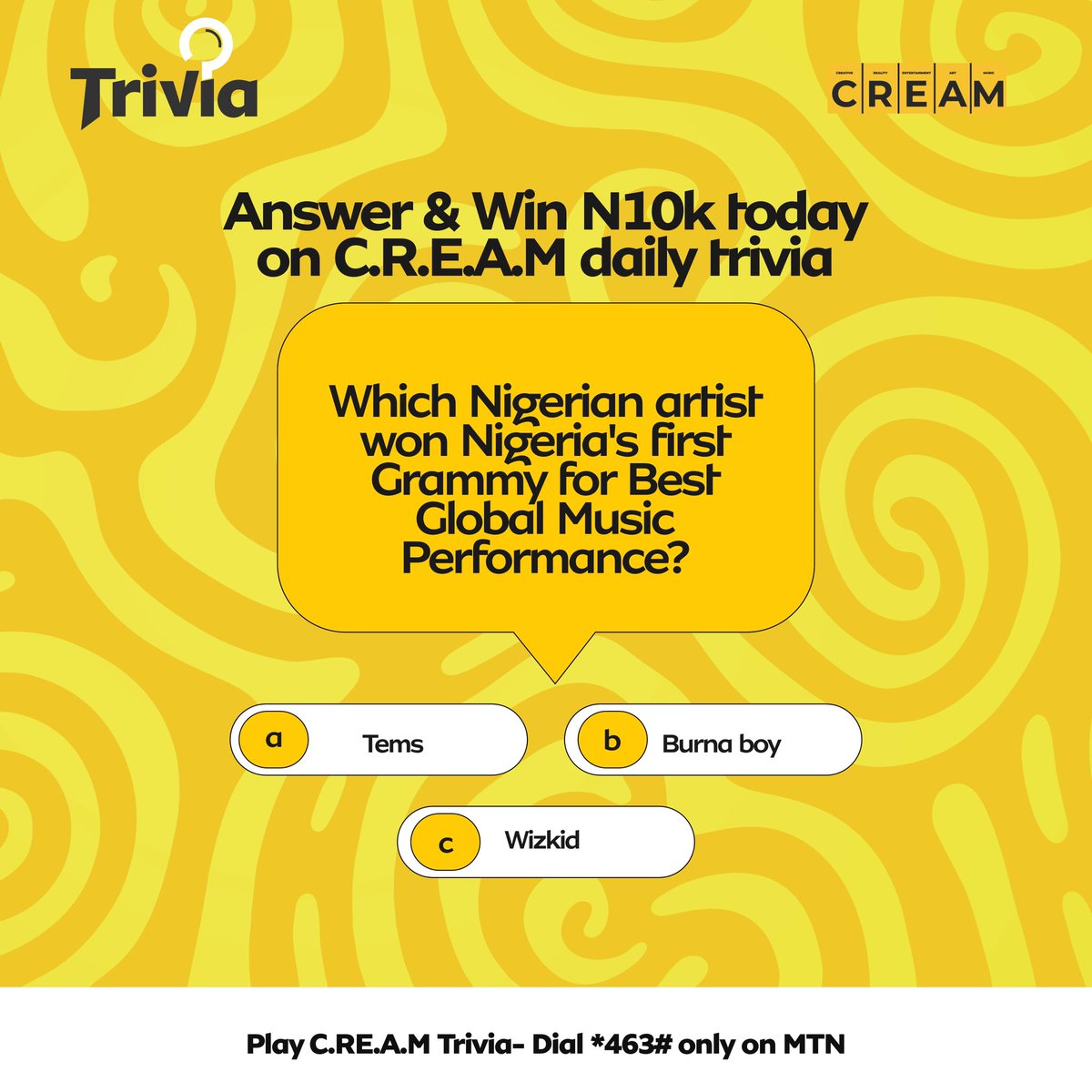 Dcreamplatform's tweet photo. Do you know the answer?👇

Play creamtrivia now on *463# and win up to N10k today😍 https://t.co/GoiXMU2WJ2