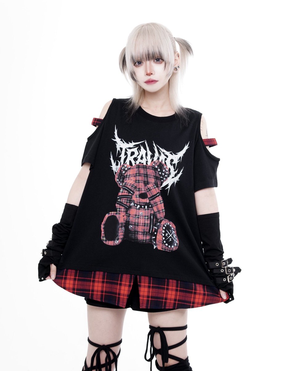 TRAVAS TOKYO NEW ARRIVAL チェックレイヤードくまプリントTシャツ 