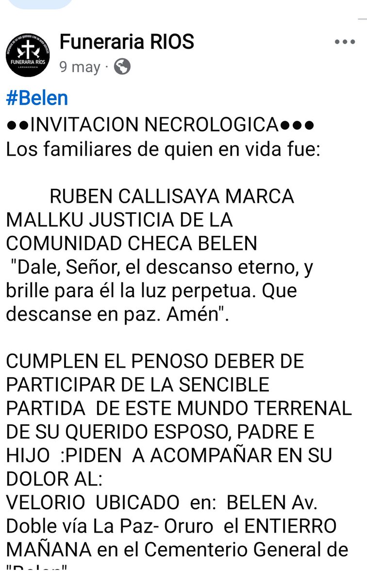 JohnArandia's tweet photo. La Funeraria Ríos publicó el 9 de este mes el fallecimiento del Sr.Rubén Calisaya Marca, mismo que es presentado en redes, como victima del desbloqueo este fin de semana pasado. 
Cuidado con las noticias falsas! 
John Arandia Periodista https://t.co/yGMWE4RchU