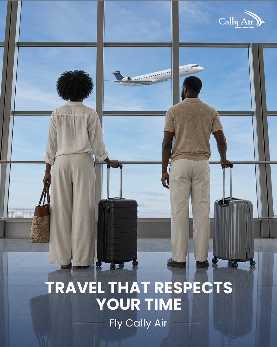 FlyCallyAir's tweet photo. Your time matters ✈️⏱️

No delays in itinerary, no slowing down on plans.
From check-in to takeoff, travel that keeps up with you.

Travel that respects your time. Fly Cally Air.

#CallyAir #TravelSmart #FlyWithConfidence #TimeToTravel #TravelNaija https://t.co/wIb1nMu3i9