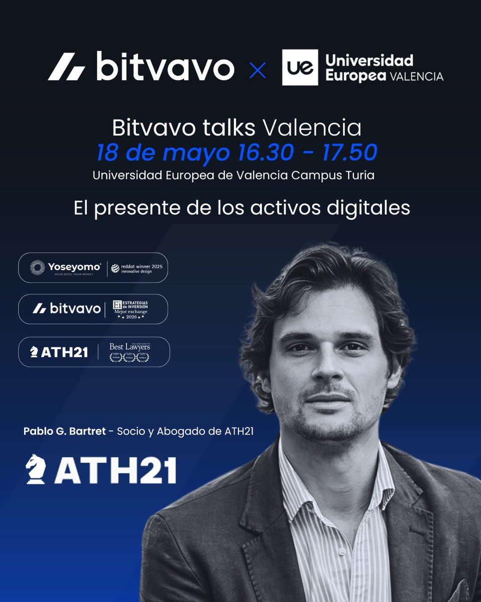 CarrascosaCris_'s tweet photo. 🎊 Bitvavo Talks llega a Valencia

Esta tarde, del 16:30 al 17:50, la @UEuropea de Valencia - Campus Turia acoge una sesión imprescindible sobre el presente de los activos digitales.

Contaremos con la participación de nuestro socio y especialista en Derecho Regulatorio @p_bartret — para analizar el momento actual del ecosistema cripto desde una perspectiva legal y estratégica.

Un evento organizado junto a @bitvavocom, elegido Mejor Exchange 2026 por Estrategias de Inversión, y con el respaldo de @yoseyomo

📍 Universidad Europea de Valencia, Campus Turia
🗓️ Hoy, 18 de mayo · 16:30 – 17:50

Si estás en Valencia y quieres entender hacia dónde van los activos digitales, este es tu sitio.

#BitvavoTalks #ActivosDigitales #Crypto #Valencia #Blockchain #ATH21 #UniversidadEuropea