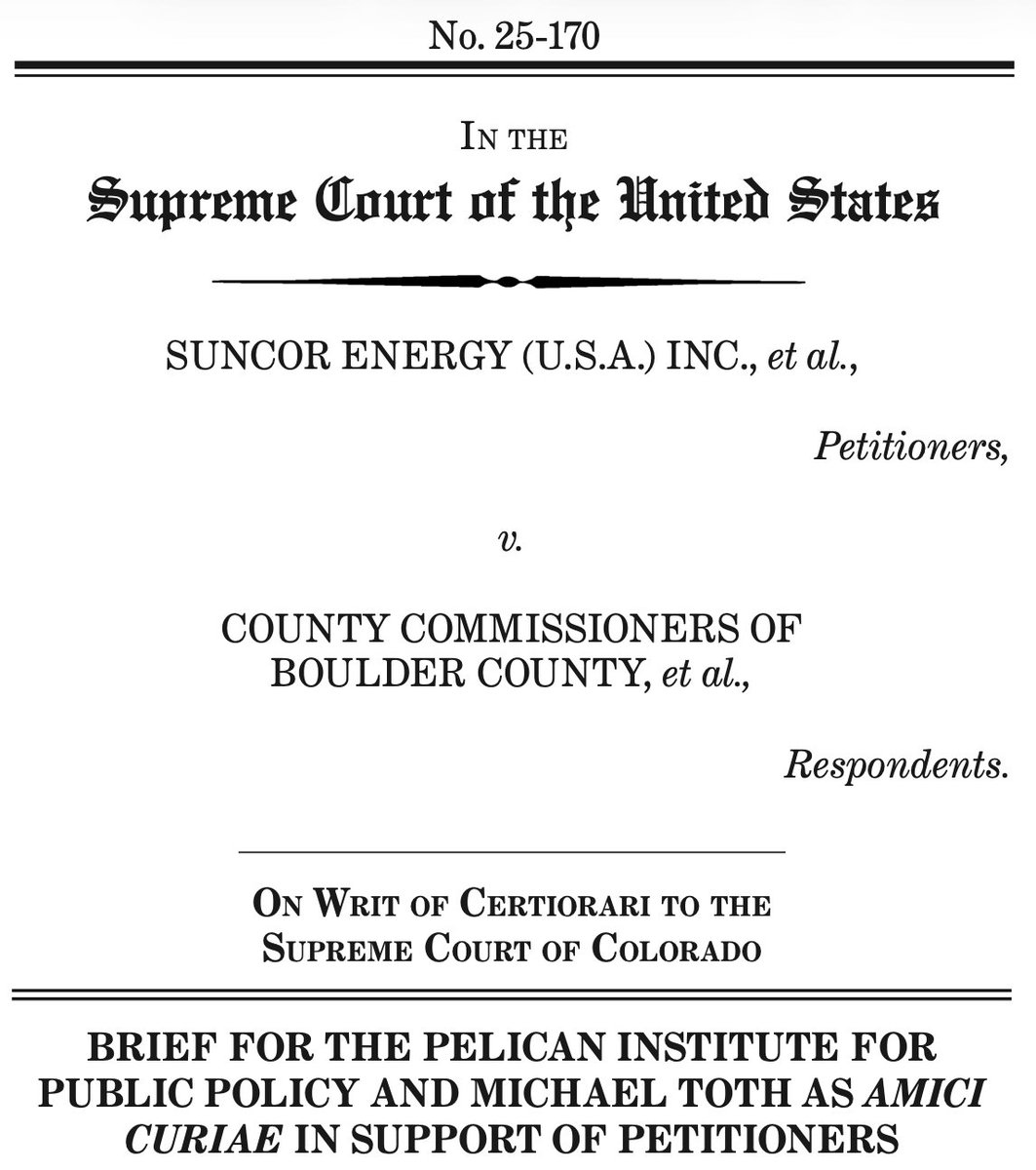 mctoth's tweet photo. Filed an amicus brief in the Supreme Court’s upcoming Suncor case arguing that local governments cannot impose a global carbon tax on American energy production. 

The Constitution vests national energy strategy in the federal government, not a patchwork of local courts. https://t.co/MVkfbqcTAf