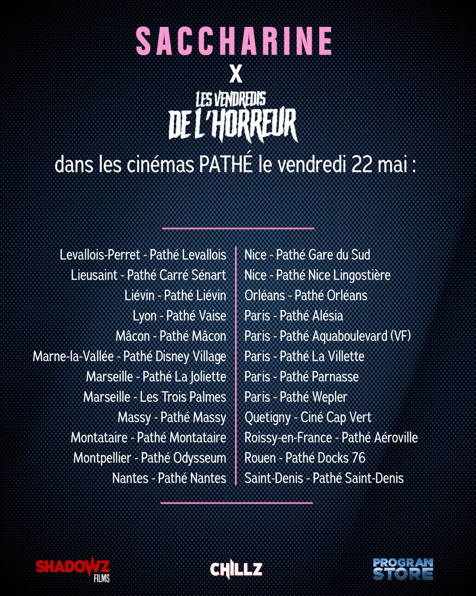 shadowzvod's tweet photo. Ce vendredi 22 mai, SACCHARINE prend possession des Vendredis de l'Horreur des cinémas PATHÉ !

Le joyau body horror de Natalie Erika James sera projeté en avant-première dans 56 salles à travers la France avant sa sortie nationale le 3 juin. Liste des salles👇 https://t.co/q5DcLy6qss