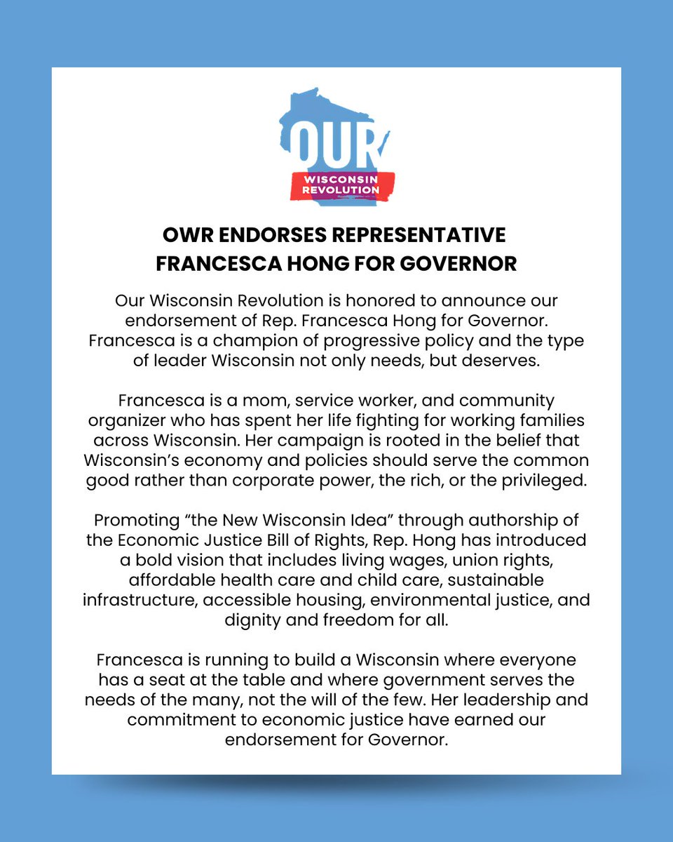 OurWisconsinRev's tweet photo. Our Wisconsin Revolution is honored to announce our endorsement of FRANCESCA HONG for Governor of Wisconsin. https://t.co/ZHLFoJbhzS