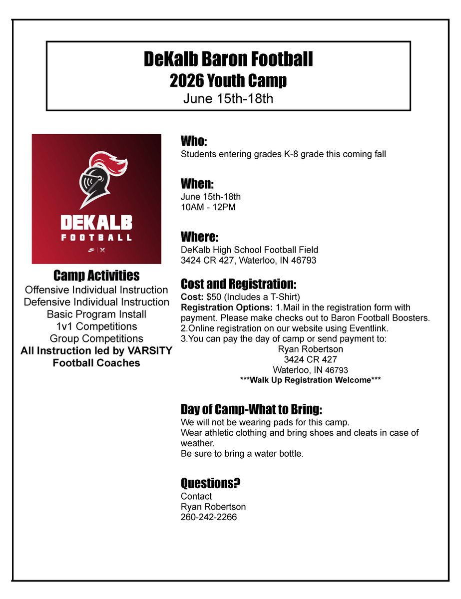 DeKalbDMS's tweet photo. DeKalb Baron Football Youth Camp is June 15-18 from 10 AM to noon. It is open to students in grades K-8. The cost is $50, which includes a t-shirt.

Register today at https://t.co/gdxbh0KNoJ.
Information: https://t.co/mkaSENV2v7 https://t.co/v4wF8XEbTl