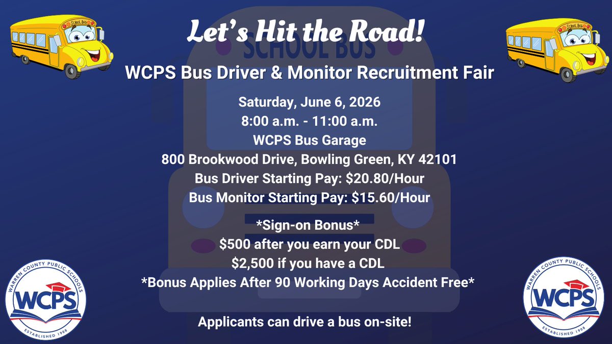 WarrenCoSchools's tweet photo. Bus Driver Benefits: Sign-on bonus: - No experience - $500.00 after 90 working days accident-free - CDL - $2,500.00 after 90 days working days accident-free - CDL preparation/training (paid by the District) - Personal time off - School breaks off https://t.co/bfDdJxQiEQ (2/2) https://t.co/hn0XQ5rXnw