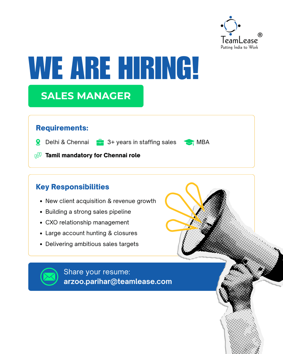 TeamLease's tweet photo. We’re Hiring | Sales Manager

📍 Delhi &amp; Chennai
🎓 MBA | 3+ yrs staffing sales
🗣 Tamil mandatory for Chennai role

Looking for professionals skilled in client acquisition &amp; large account closures.

Share your resume: arzoo.parihar@teamlease.com

#Hiring #SalesJobs #TeamLease https://t.co/2cFVvwd7WB