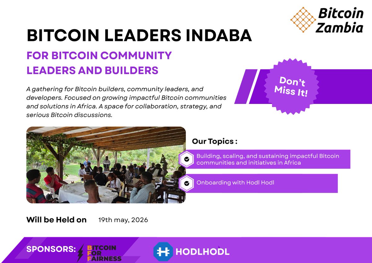 BitcoinZambia's tweet photo. Happening tomorrow! 

We are bringing together builders and community leaders + featuring an intro to @hodlhodl—now supporting ZMW for p2p Bitcoin in Zambia! 

Big thanks to @bffbtc &amp; @hodlhodl for the vital support to make this possible. https://t.co/fwwKGHf6k4