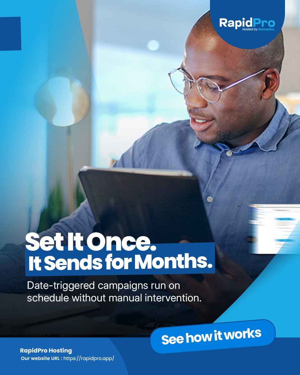 Rapidpro_App's tweet photo. RapidPro date-triggered campaigns: pick a contact date, set Day 1 / Day 7 / Day 30 offsets, done. 

Every new contact gets the right message automatically for months. Zero manual sends.

See how it works → https://t.co/LUJSBgtDhN

#RapidPro #Automation #MessagingOps https://t.co/sJgrOeYWlJ